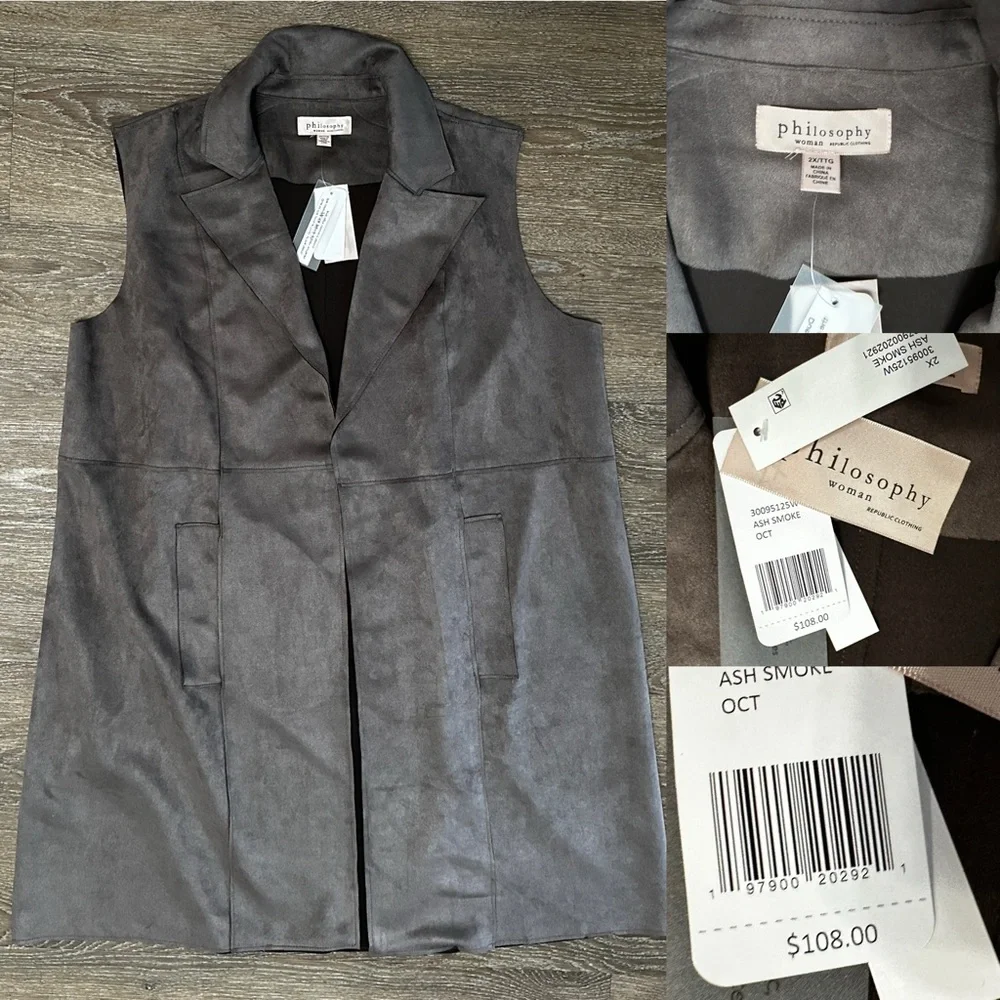 Philosophy Plus Size Faux Suede Vest Size 2X color Ash Smoke